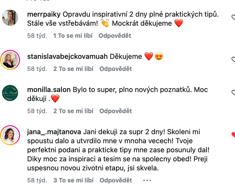 Skutečné komentáře účastnic po kurzu Jany Souralové